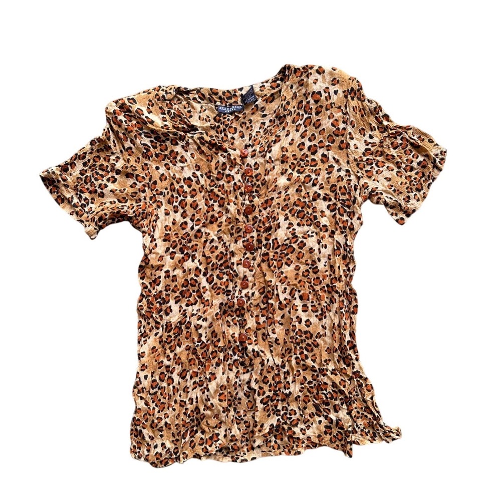 Speedstar Leopard Print Button Front Rayon Blouse Short Sleeve Brown Medium